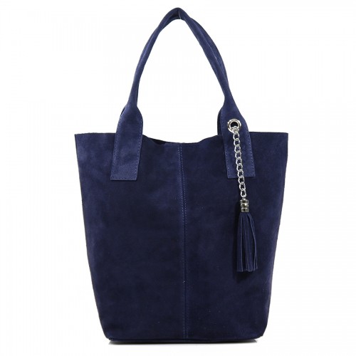 Δερμάτινη Suede Τσάντα Χειρός & Ώμου Shopping Bag Σκούρο Μπλέ J&A BAGS