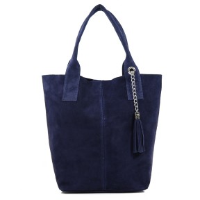Δερμάτινη Suede Τσάντα Χειρός & Ώμου Shopping Bag Σκούρο Μπλέ J&A BAGS