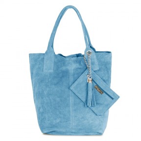 Δερμάτινη Suede Τσάντα Χειρός & Ώμου Shopping Bag Γαλάζιο J&A BAGS