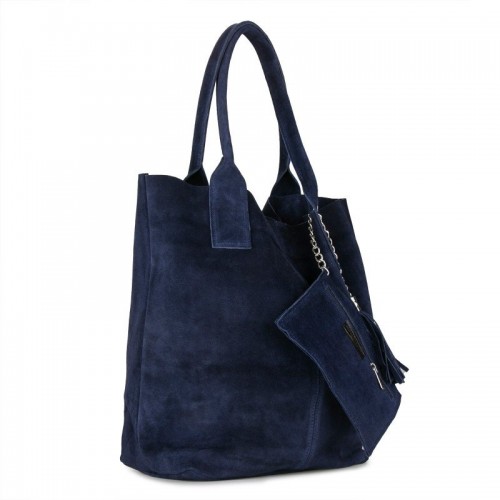 Δερμάτινη Suede Τσάντα Χειρός & Ώμου Shopping Bag Σκούρο Μπλέ J&A BAGS